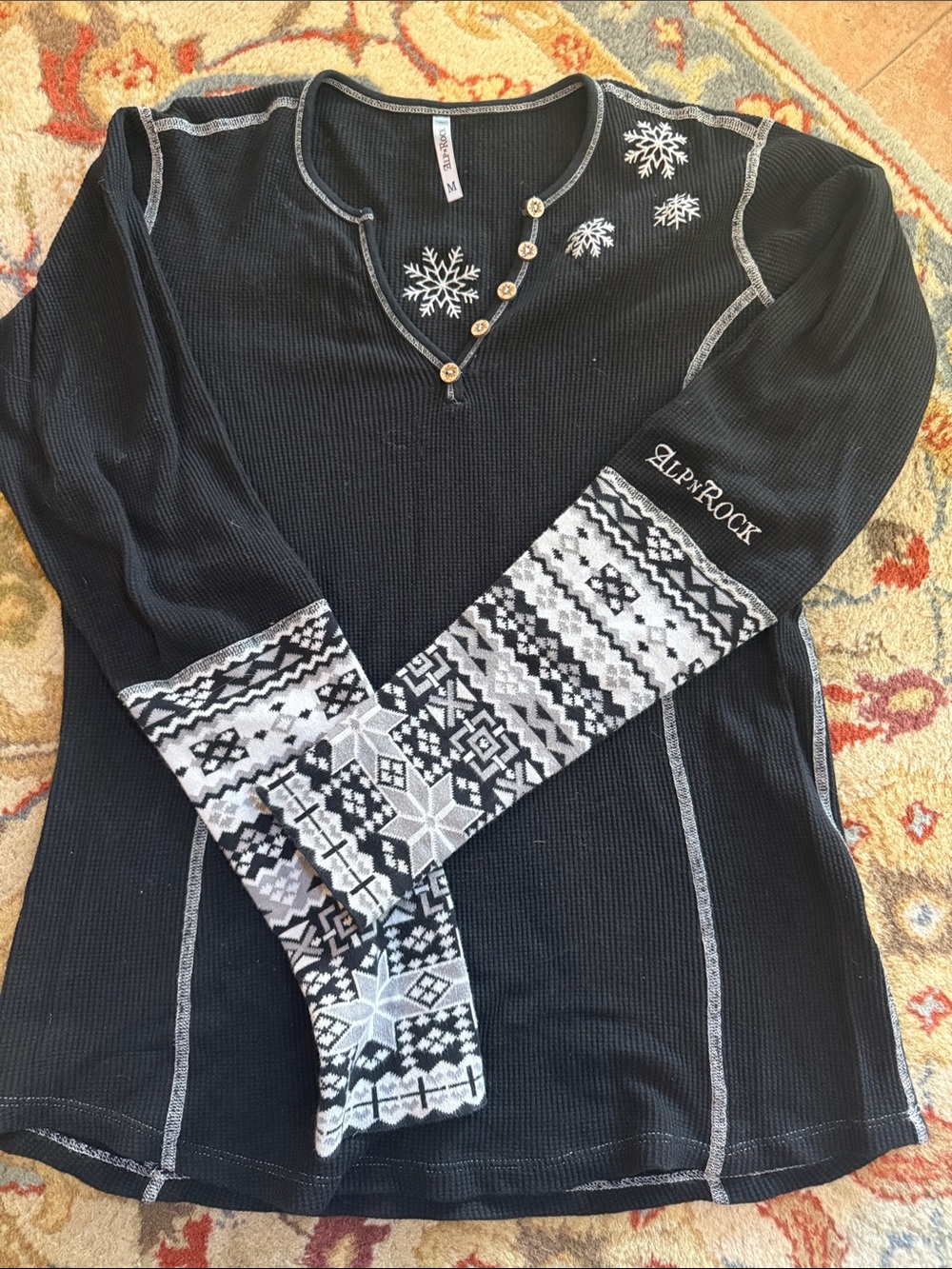 Alp N Rock Black Thermal Top with Fair Isle Accent Sleeves
